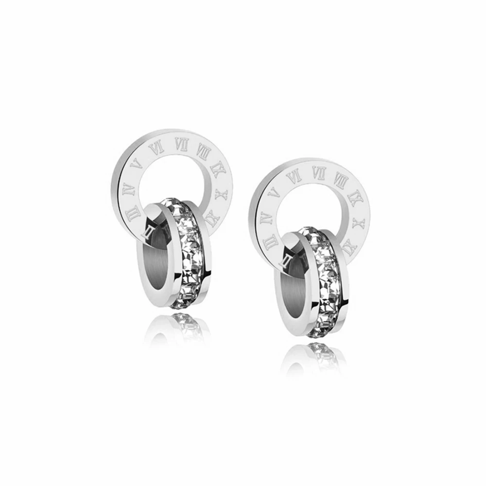 Steel Earrings ZooMango мозаика CZ Кристалл подвеска с двумя кругами ожерелье и серьги гвоздики из нержавеющей стали Свадебные Ювелирные наборы для женщин ZSE002 - Окраска металла: Steel Earrings