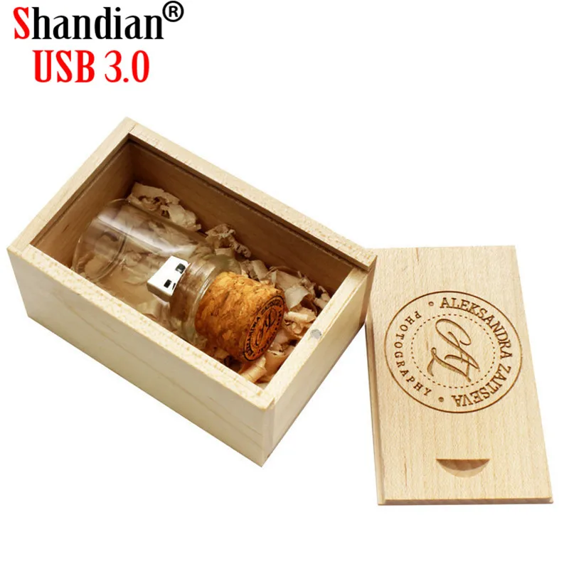 SHANDIAN USB 3,0 дрейфующий флакон usb с деревянной коробкой USB флеш-накопитель бутылка желаний пробковая Флешка 4 ГБ 16 ГБ 32 ГБ 64 г свадебный подарок