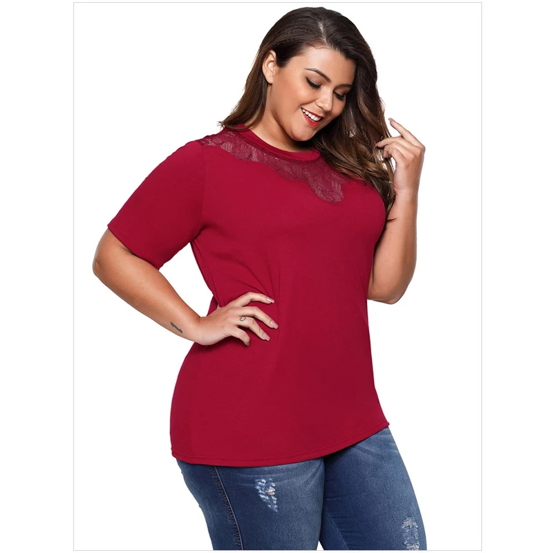 

Wine Red Lace Patchwork Tshirt Oversized XXXL 2018 Summer Casual Solid O-Neck Short Sleeve Women Tops T Shirt Fashion Clothing