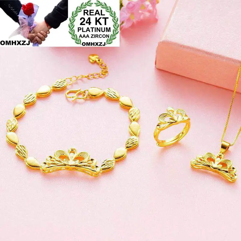 

OMHXZJ Wholesale European Fashion Woman Girl Party Wedding Gift Crown 24KT Yellow Gold Ring+Bracelet+Necklace Jewelry Set JE19