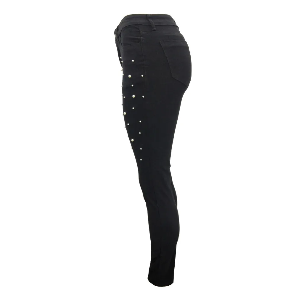 Women Jeans new Pants Skinny Pearl Beaded Front Jeans Summer Spring Mid Waist Zipper Fly Long Denim Casual Pants