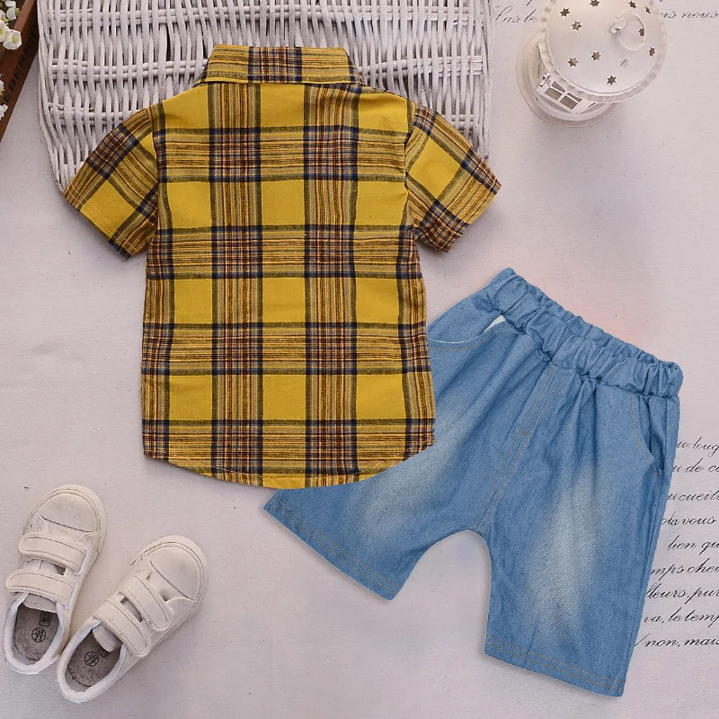 Infant Baby Girl Gentleman Plaid Shirt Print Solid Denim Shorts 2PC Set Outfits children clothing set toddler boy clothes | Детская
