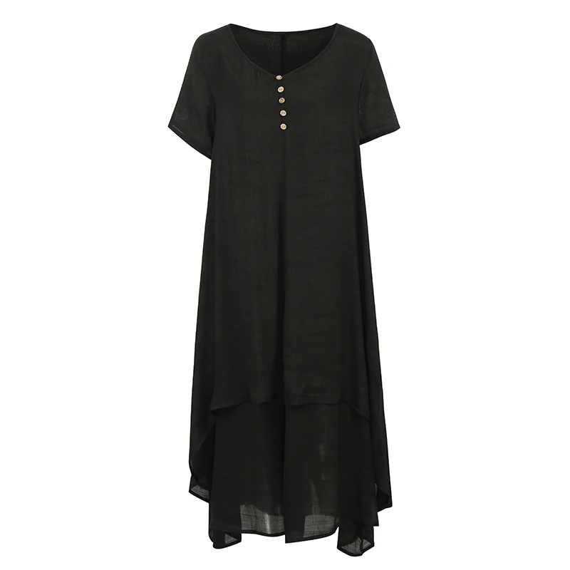 Черный EaseHut Женщины Vintage Летнее Платье С Коротким Рукавом Твердые Макси Платья Свободные Повседневные Нерегулярные Ретро Платье Плюс Размер 5XL Летнее Платье - Цвет: Черный