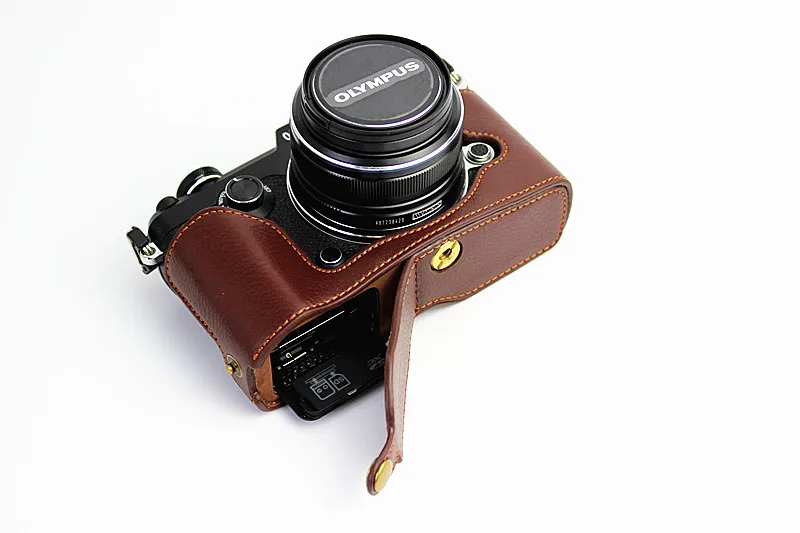 Coffee Жесткий чехол из натуральной кожи для Olympus PEN-F, ручка F PENF, сумка для камеры, чехол для аккумулятора - Цвет: Coffee