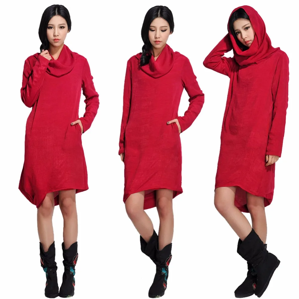 Женское осеннее свободное платье с длинным рукавом необычное красное шляпой и