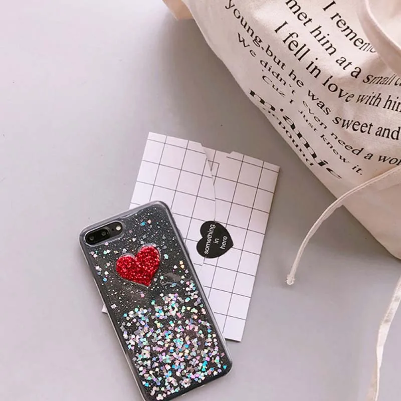 Модный Блестящий чехол с розовым и красным сердцем для девочек iPhone 8 7 plus мягкий