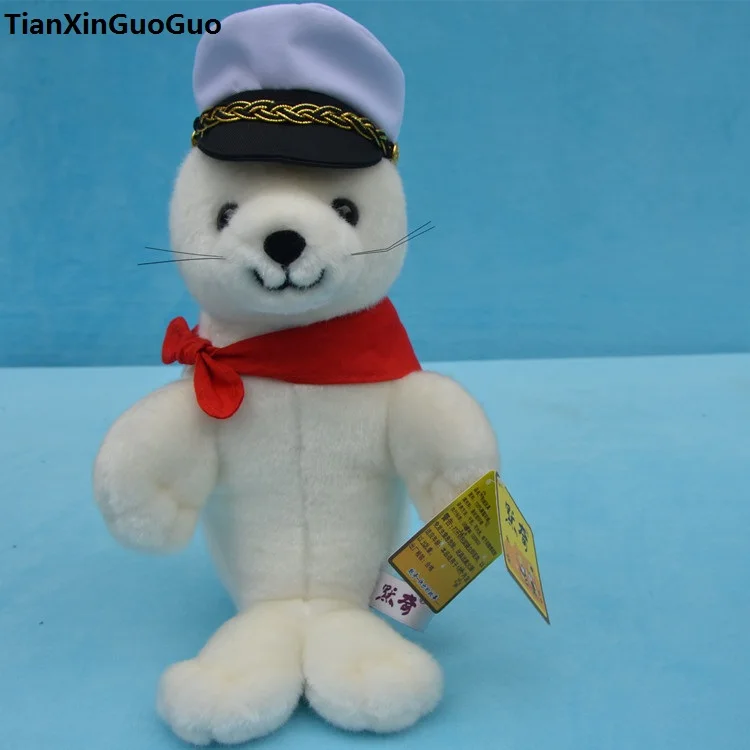 

about 30cm cartoon seal plush toy lovely navy hat white seal soft doll birthday gift s0089