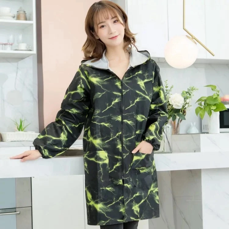 Платья для взрослых женские модные кухонные комбинезоны с капюшоном защитная одежда летняя на молнии с длинными рукавами водонепроницаемый маслостойкий фартук - Цвет: Green pattern