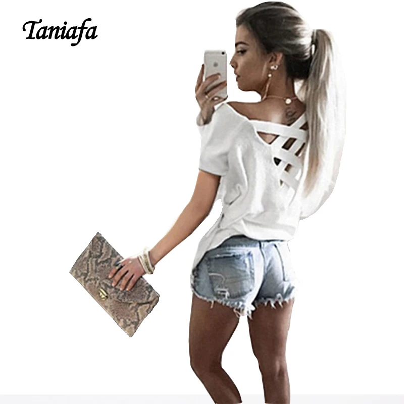 Женские футболки с завязками на спине сексуальные женские топы вырезами модные