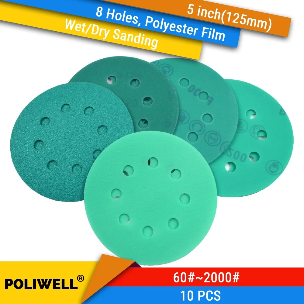 Шлифовальные диски POLIWELL 10 шт., 5 дюймов, зелёные,  60#-2000#