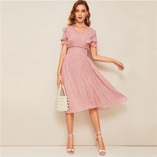 Розовый Sheinside Boho платье с v-образным вырезом и цветочным принтом для женщин, лето, рукав-волан, высокая талия, трапециевидные платья, женское платье миди в стиле бохо - Цвет: Розовый