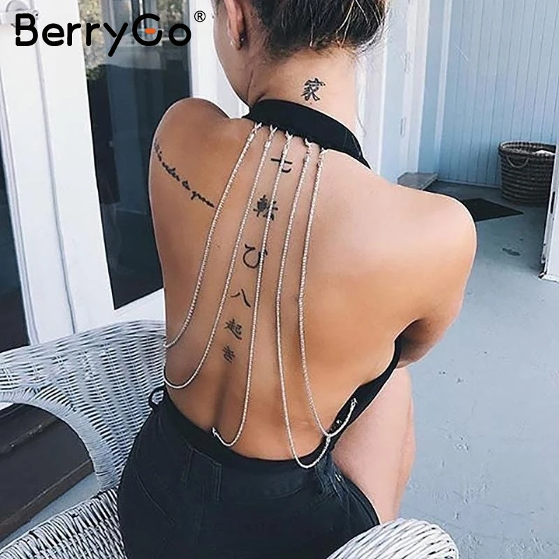 BerryGo металлической цепью bodycon боди комбинезон сексуальные спинки Холтер Женщины