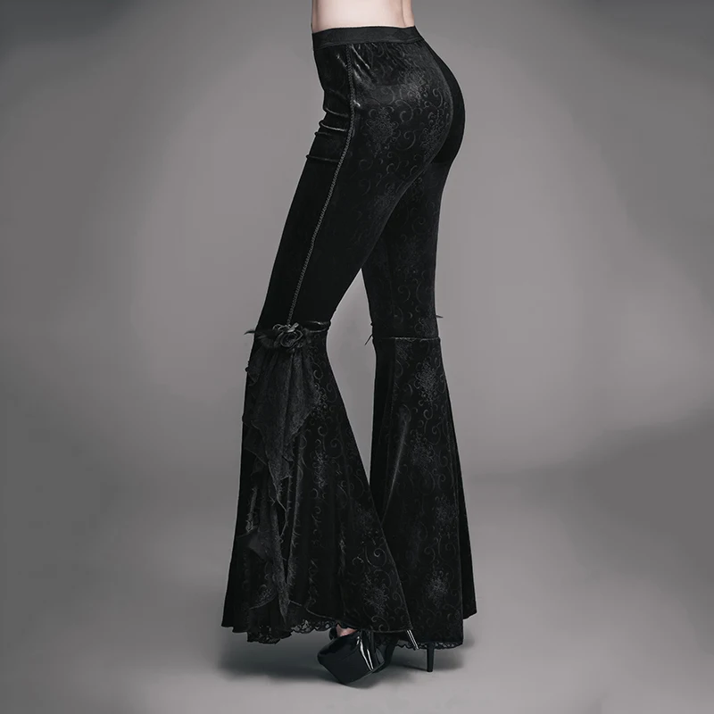 EVA LADY Gothic Dark Embroidery Velour Flare Pants Steampunk Stage Performance Women Trousers with Rose Lace Decorated | Женская одежда