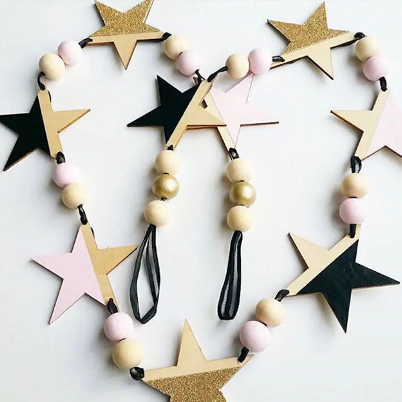 gold pink black Скандинавские деревянные бусины звезды Висячие баннеры девочка детская комната настенные украшения детская комната мода мягкая мебель - Цвет: gold pink black