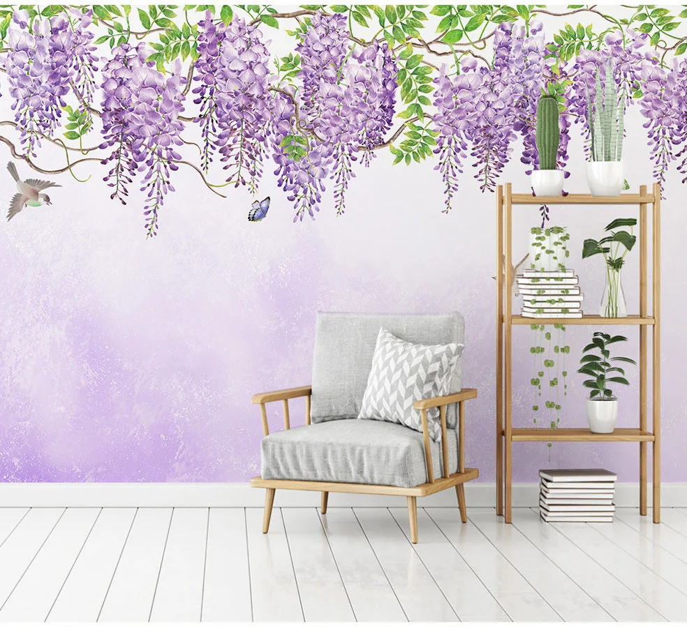 Настенные 3D-обои Bacaz с ручным Рисунком Птиц бабочек фиолетовых цветов фоновые