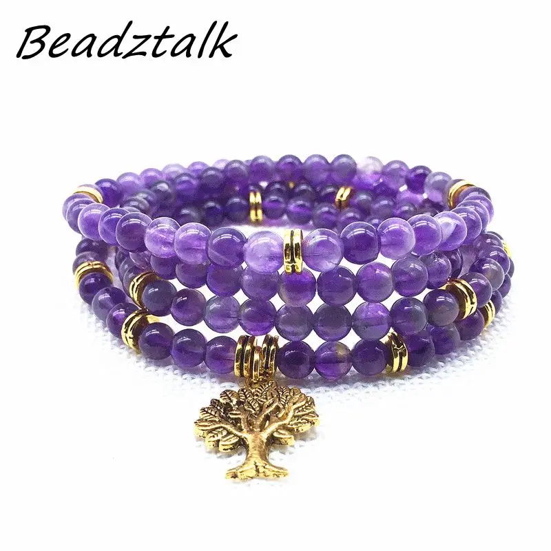 Beadztalk Природный камень Бусины Мала Браслет Фиолетовый Кристалл 6 мм бусины Длинные браслеты для девочек женские вечерние ювелирные изделия золотого цвета