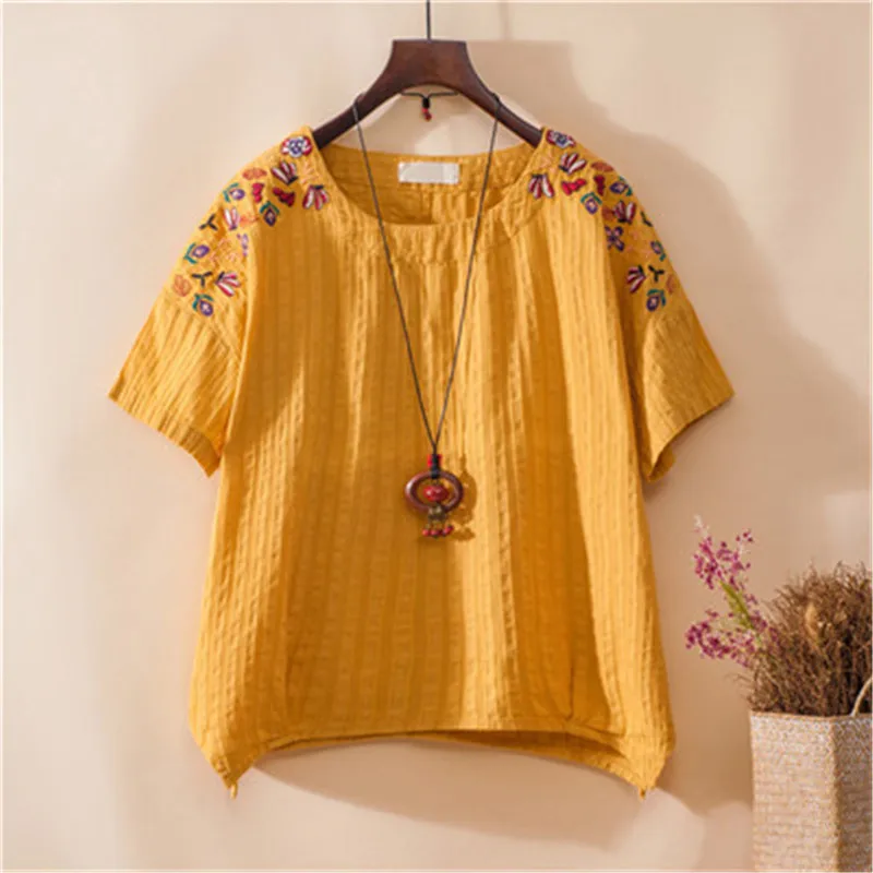 Этнические Винтажные белые блузки с цветочной вышивкой для женщин свободная