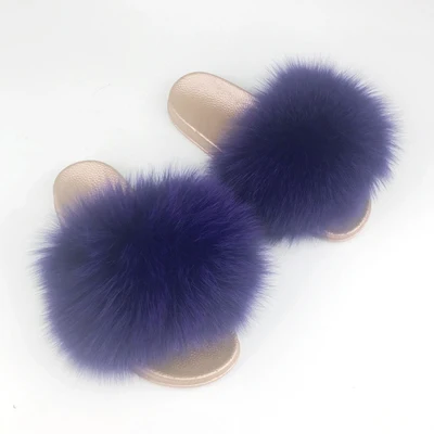 Yu Kube High Quality Plush Furry Real Fur Slippers N Ladies Real Fox Hair Slides Summer Shoes Women Plus Size Flip Flops - Color: W
