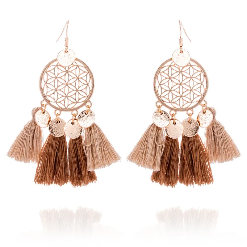 E020319 Gold color round sequins boho ethnic tassel drop earrings Women ladies fashion earring bohemia statement vintage wedding - Окраска металла: E020319