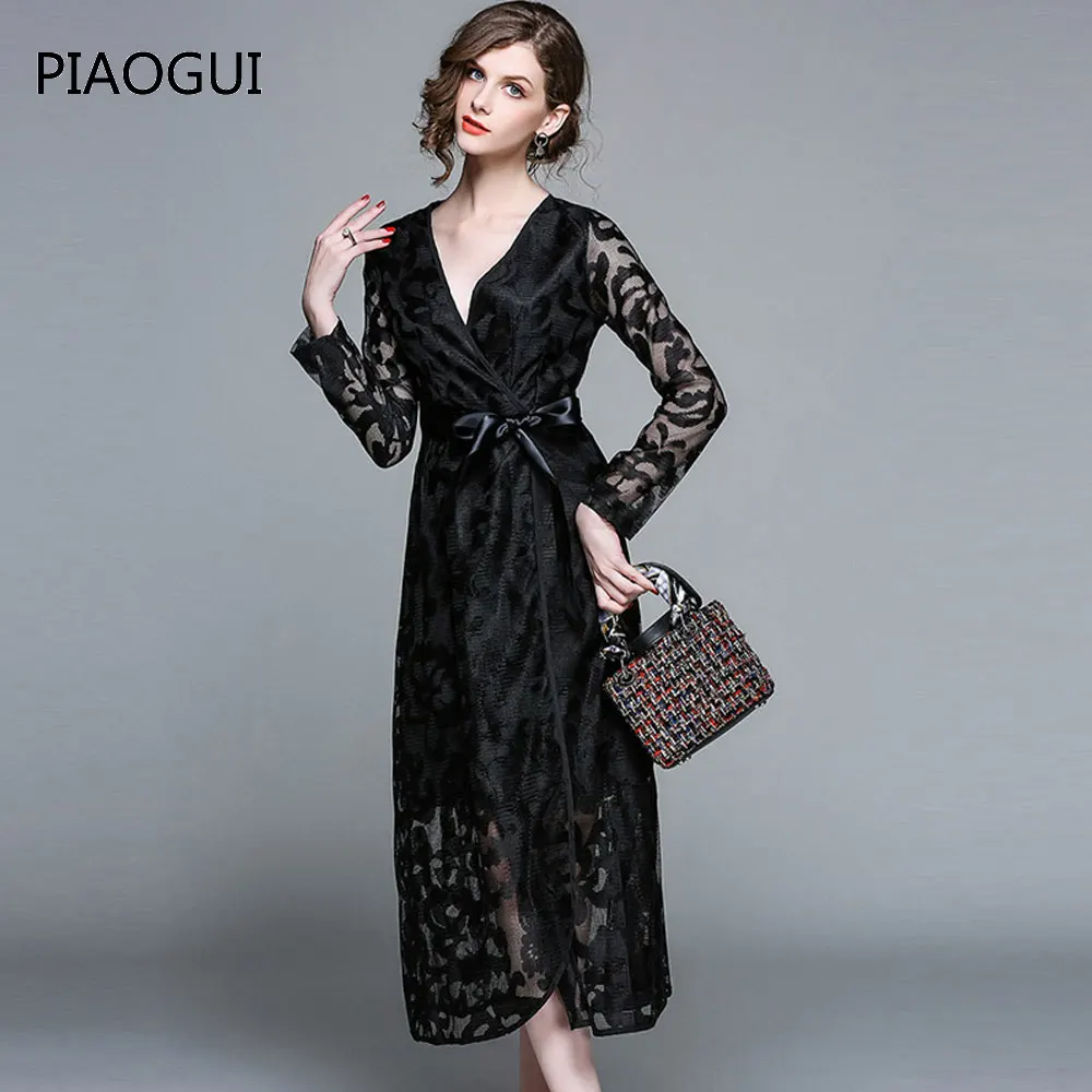 2019 весеннее женское элегантное черное длинное платье Сетчатое цветочное вязаное
