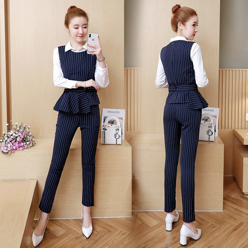 

New autumn outfit style shirt collar two-piece stripe trousers Korean fashion suits slim women clothing set office lady vest S-X