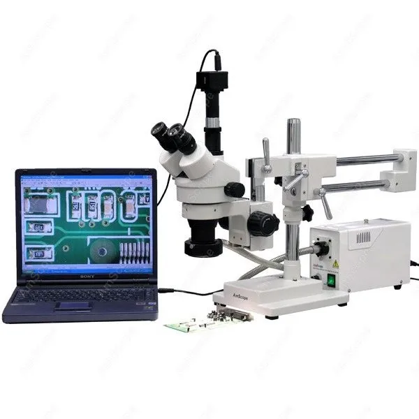 

Trinocular Fiber Optic Boom Microscope--AmScope Supplies 3.5X-90X Trinocular Fiber Optic Boom Stereo Microscope with 5MP Camera