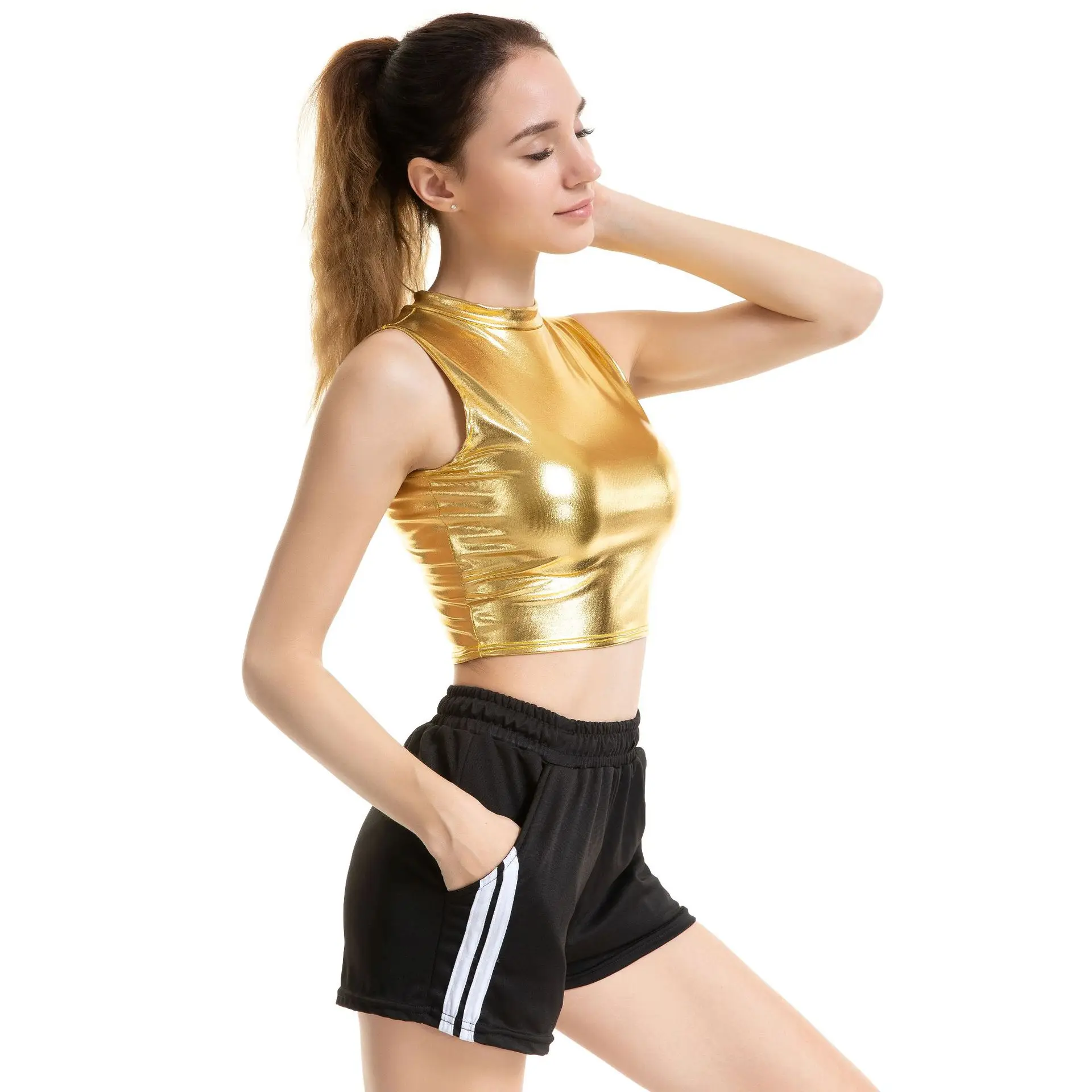 Женские с мокрым эффектом imitaion кожа Танк Bralette Топы женские короткие укороченный