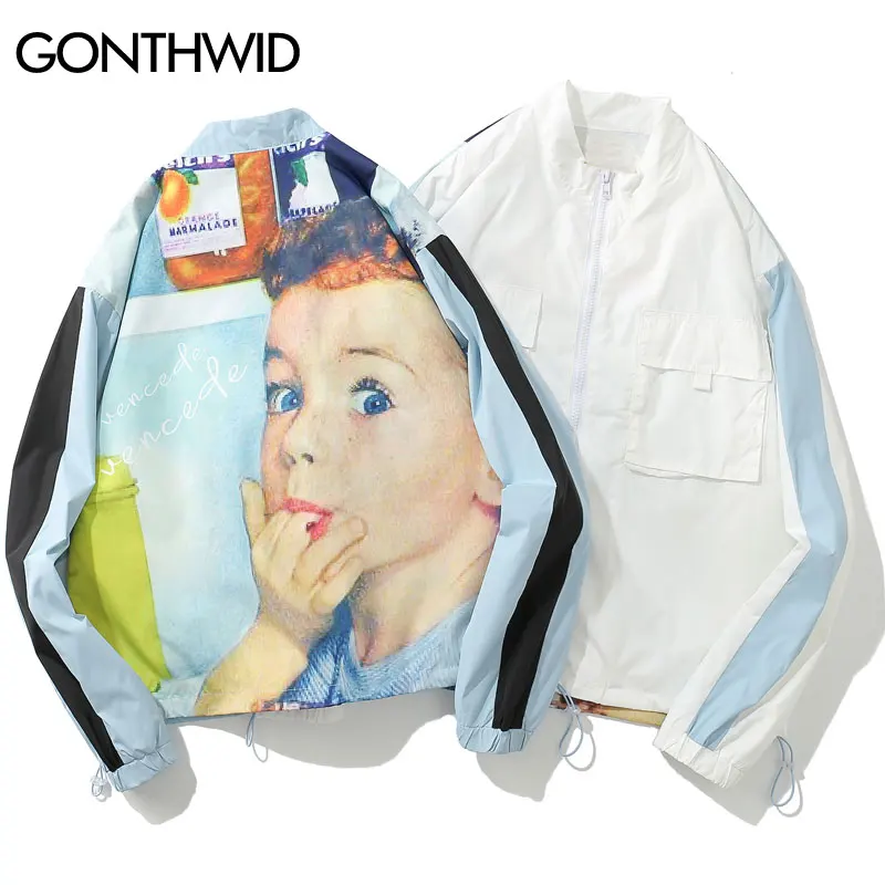 GONTHWID хип хоп творческий печатных цвет блок лоскутное тонкие куртки для