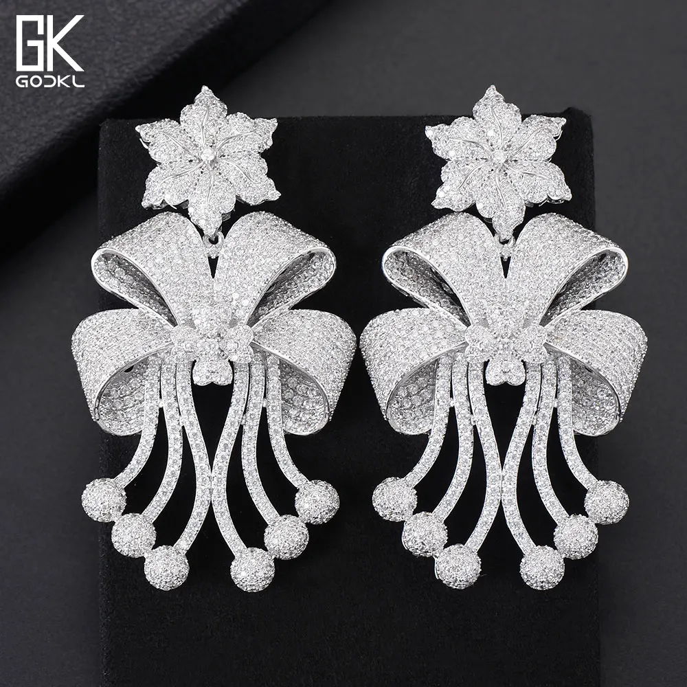 GODKI 72mm Trendy Luxury Bowknot Tassels Nigerian Long Dangle Earrings For Women Wedding Zirconia CZ Dubai Bicolor Earring | Украшения и