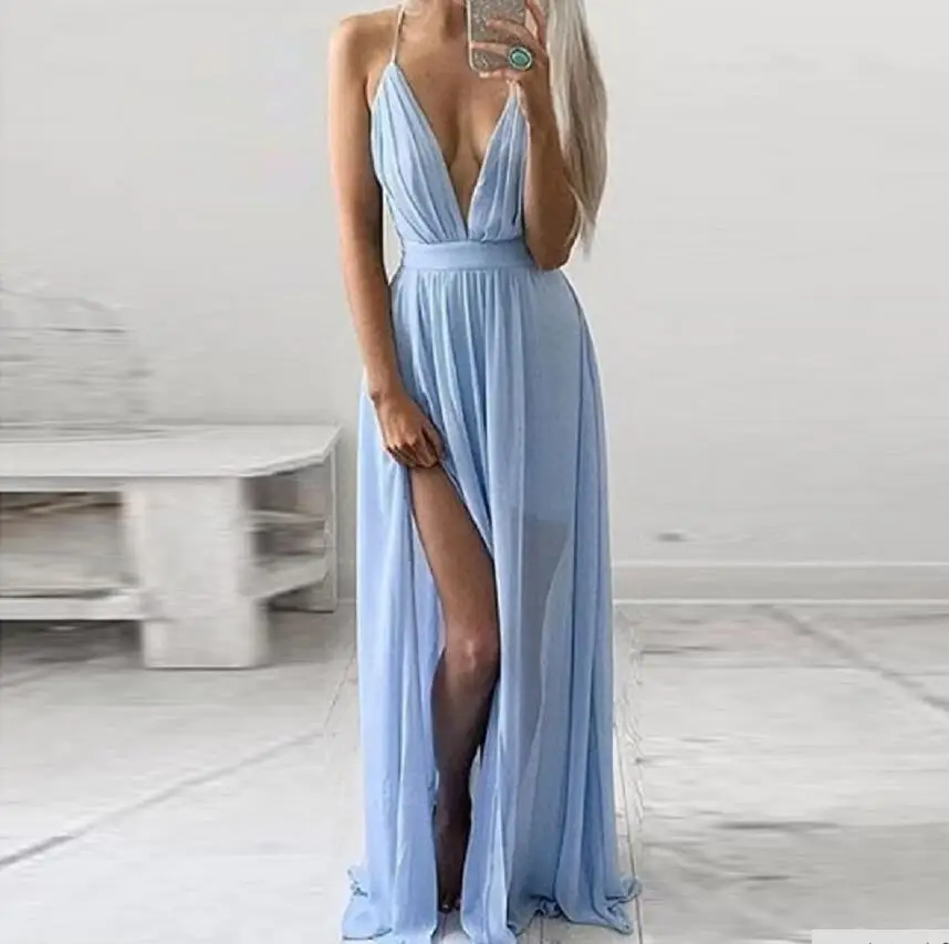 Модное синее длинное платье макси для женщин на тонких бретельках с v образным