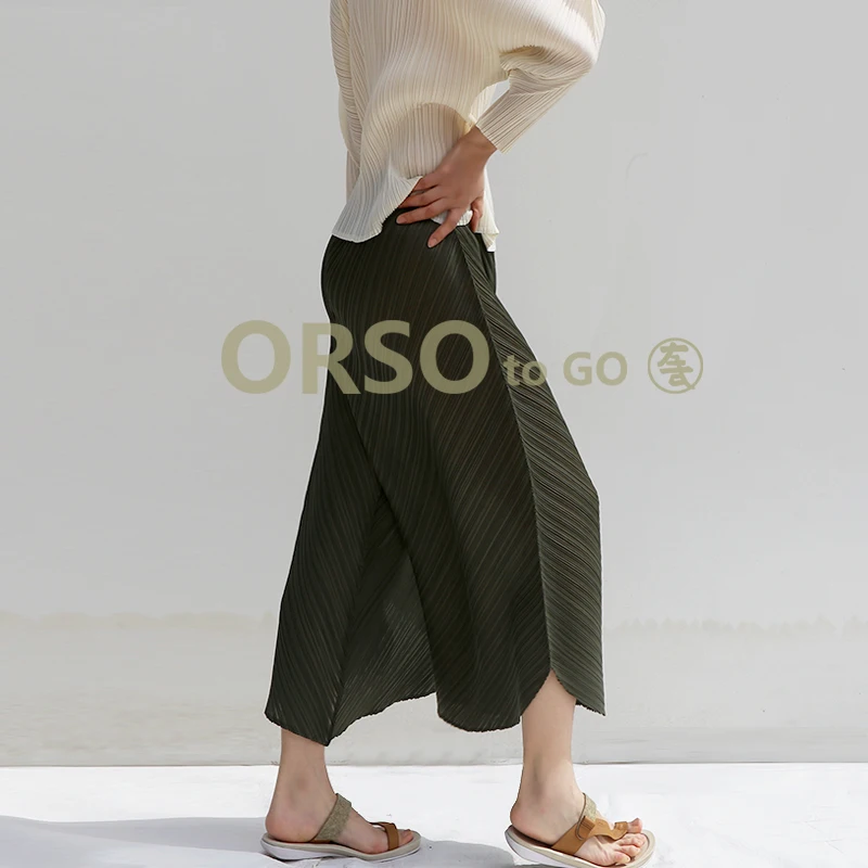 ArmyGreen Changpleat летние новые женские широкие брюки Miyak плиссированные Модные Дизайнерские однотонные свободные женские брюки с высокой талией большого размера - Цвет: ArmyGreen