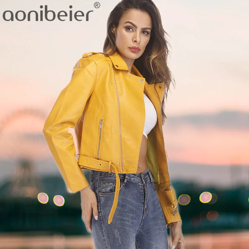 Aonibeier Куртки из искусственной кожи осенние уличные короткие потертые Куртки из искусственной кожи базовые куртки на молнии приталенные женские пальто верхняя одежда