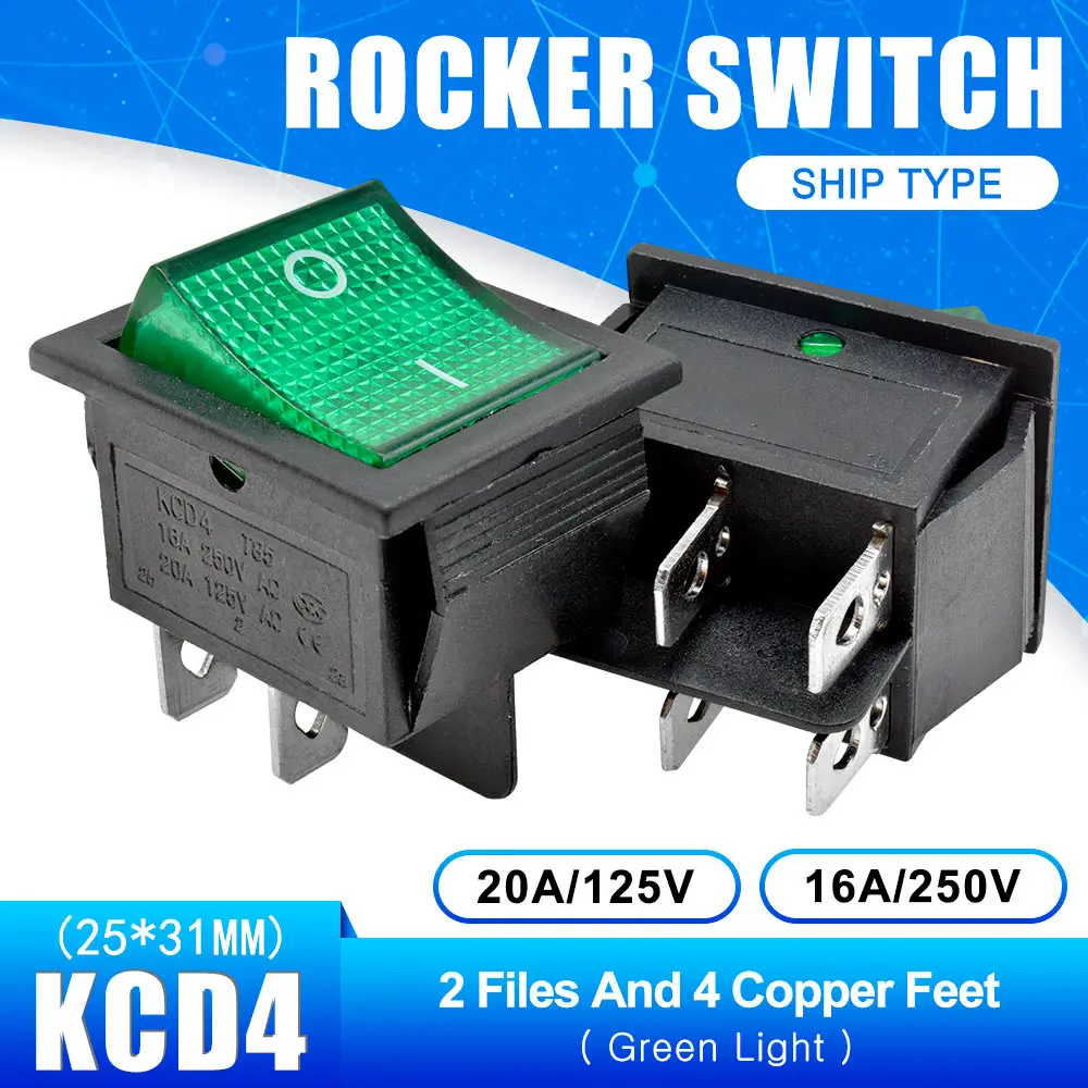 Green with Light KCD4 Кулисный Переключатель Кнопка ВКЛ/ВЫКЛ 2 Позиции 4 штырей, 6pins, электротехническое оборудование с светильник Мощность переключатель 16A 250VAC AC 250V - Цвет: Green with Light