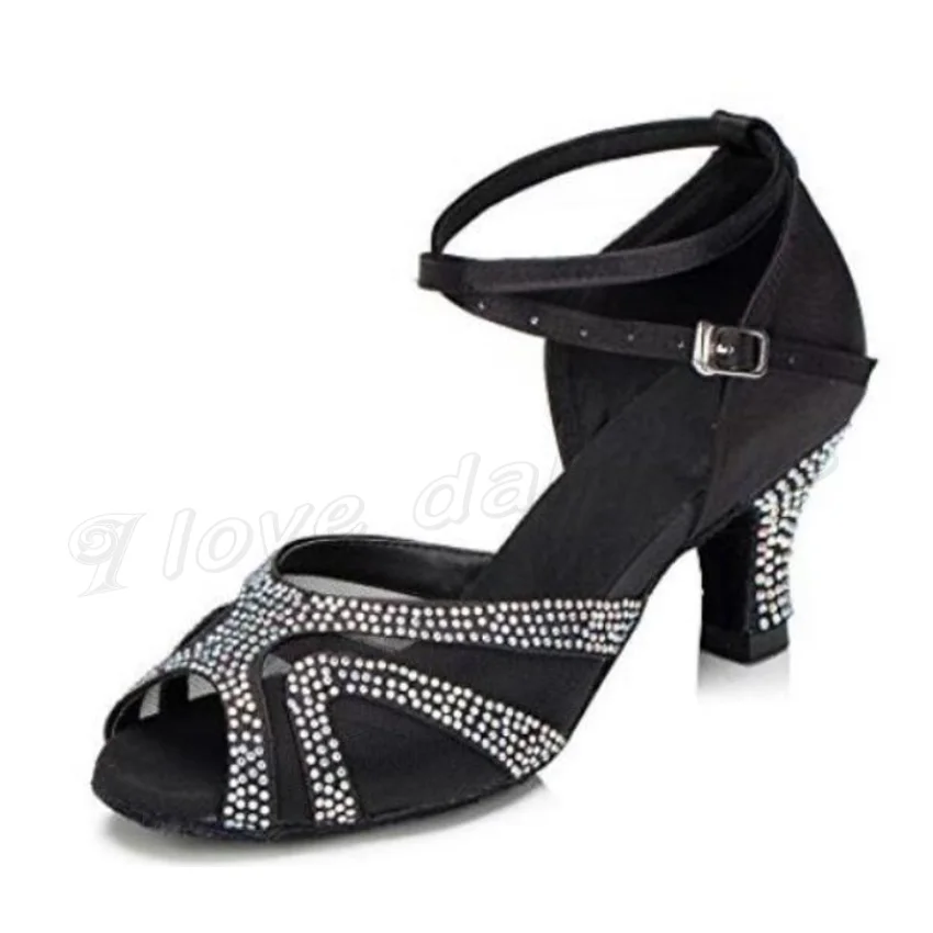 black heel 7.5cm Женские кроссовки; Танцевальная обувь для латиноамериканских танцев для девочек; стразы; бальные туфли для латинских танцев; женская обувь для сальсы; вирусные цвета; JuseDanc - Цвет: black heel 7.5cm