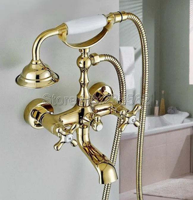 

Golden Brass Bathroom Shower Faucet Wall Mounted Dual Handle Bathtub Faucets Cold & Hot Water Mixer Tap + Hand Shower ltf134