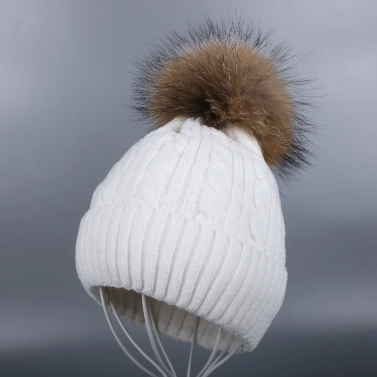 mink pom white hat OHCOXOC, новинка, женские шапочки, натуральный Лисий мех, помпоны, шапка, сохраняющая тепло, шапочки, Skullies, стразы, бусины, роскошные, норковые, помпоны, зимние шапки - Цвет: mink pom white hat