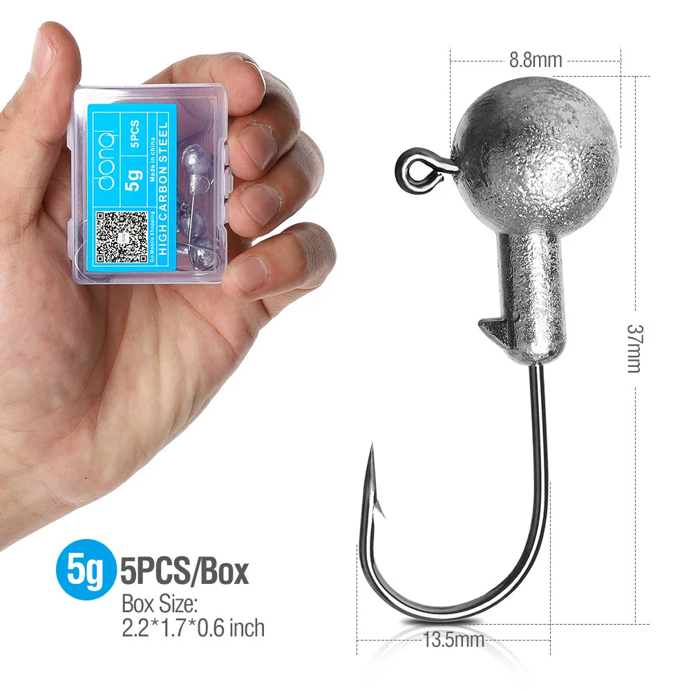 5pcs 5g DONQL 5 шт./компл. Lead Jig Head рыболовный крючок углерода Сталь колючей крючок для Мягкая приманка в виде червей 1g-20 г карп рыболовные крючки с коробкой - Цвет: 5pcs 5g
