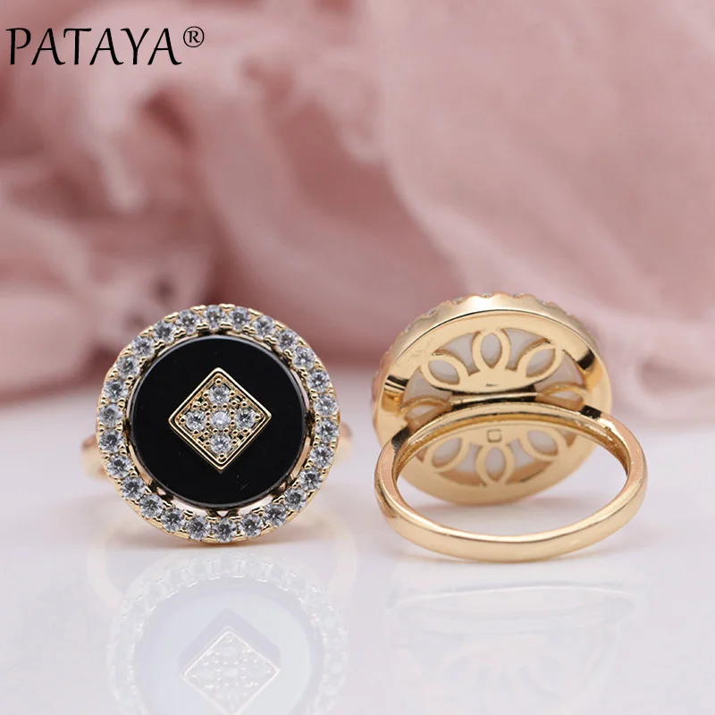 PATAYA, новинка, микро воск, инкрустация, натуральный циркон, черный, белый цвет, керамика, кольца для женщин, 585, розовое золото, свадьба, роскошный цветок, романтическое ювелирное изделие