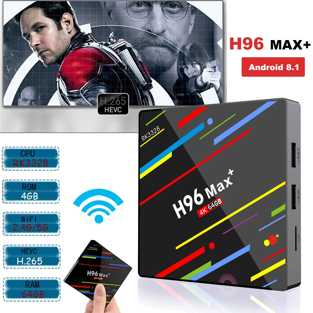 H96 MAX+ Android 8.1 TV Box 4GB RAM 64GB ROM Set Top Cortex A53 RK3328 2.4G/5G Wifi 4K H.265 Media Player | Электроника