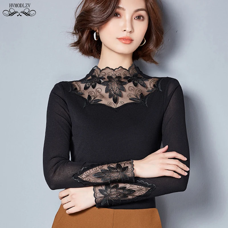 Футболка женская черная кружевная с длинным рукавом весна 2019 | Женская одежда