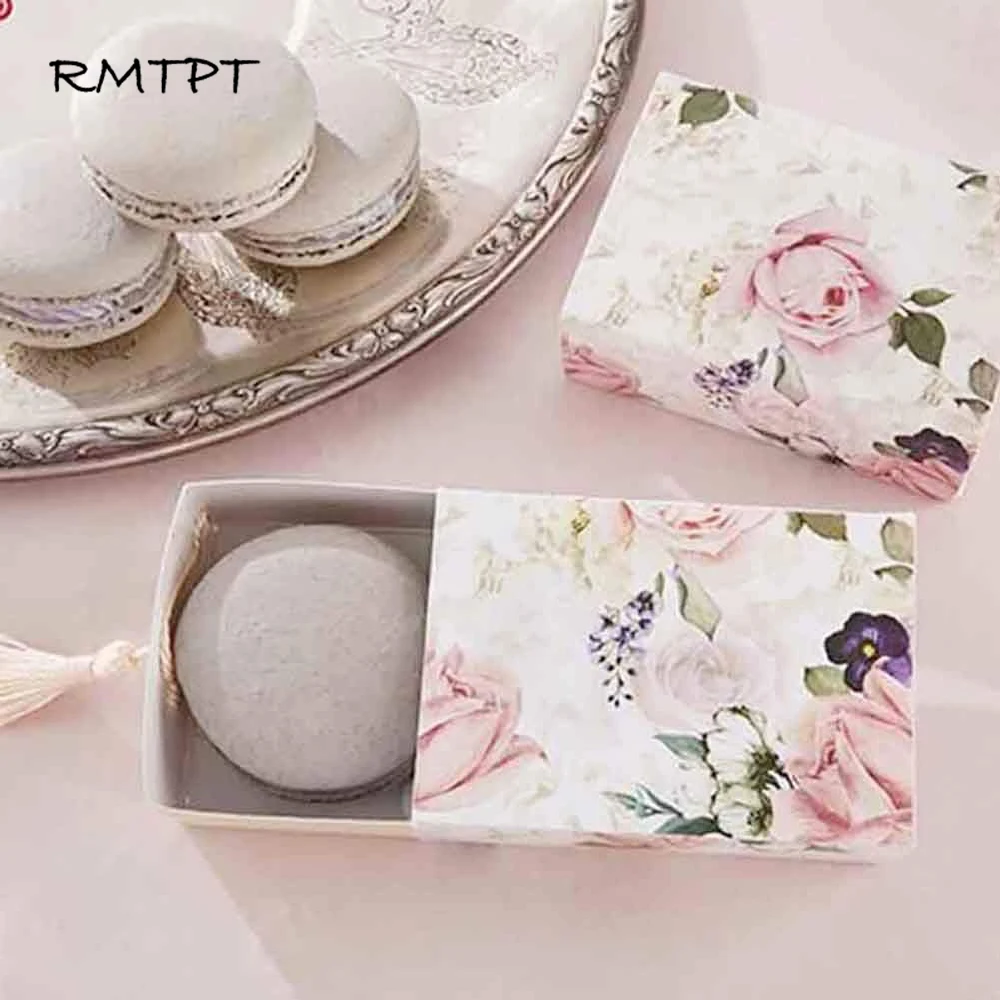 

RMTPT 50pcs/lot Floral Candy Gift Box Drawer Design Party Favor Boxes Craft Paper Box with Tassel for Pulling