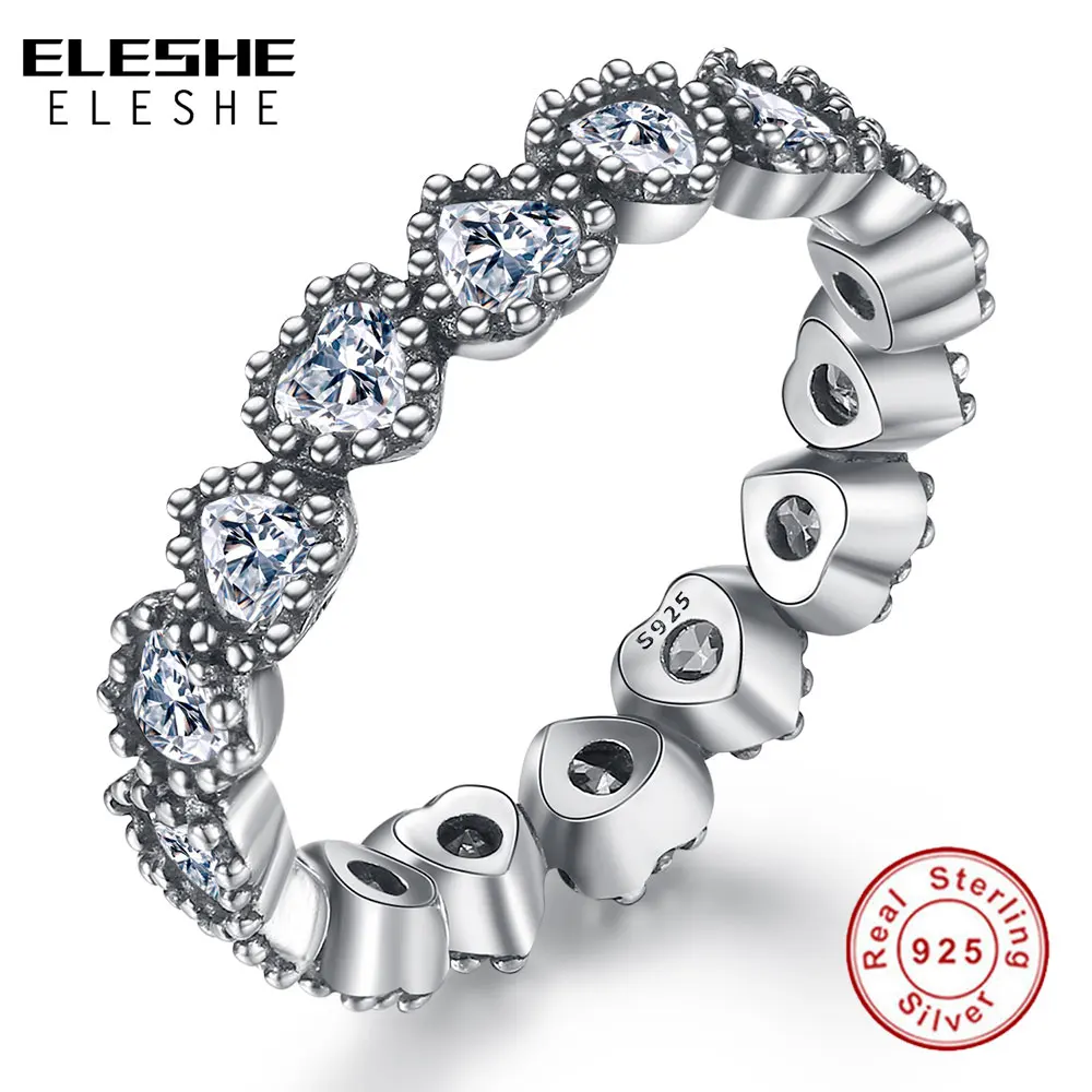 ELESHE, настоящее 925 пробы, серебряное, штабелируемое, сердце, кольца на палец с кристаллом, циркон, обручальное кольцо для женщин, ювелирное изделие, рождественский подарок