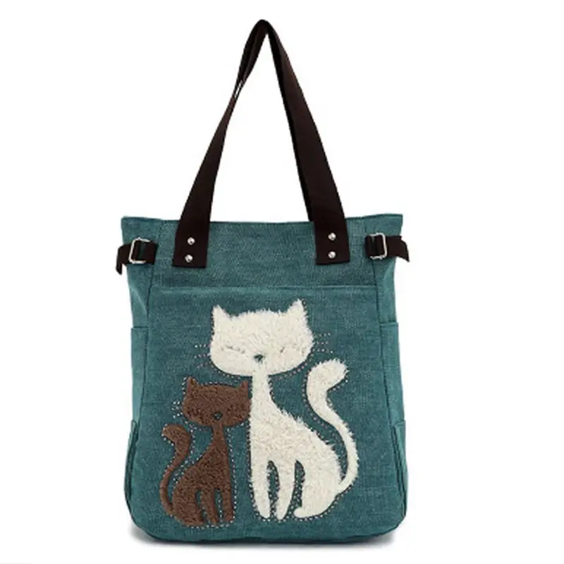 Сумка женская холщовая с аппликацией кота модный саквояж на плечо повседневный