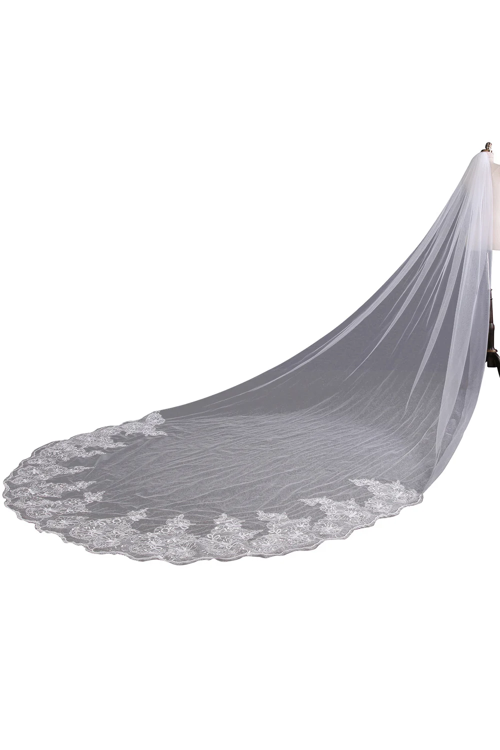 

Cheap Ivory White Wedding Veil 4 Meters One Layer Tulle Lace Appliques Long Bridal Veil