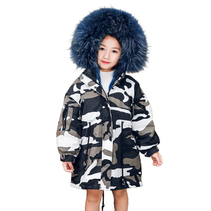 2018 г. Зимняя камуфляжная куртка до колена для мальчиков и девочек Настоящий мех