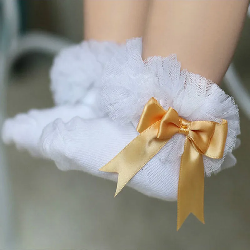 Gold Bowknot Коллекция года, весенне-летние детские носки принцессы для девочек Популярные носки с бантом для новорожденных девочек кружевные Гольфы с рюшами Черного, белого, розового цвета - Цвет: Gold Bowknot