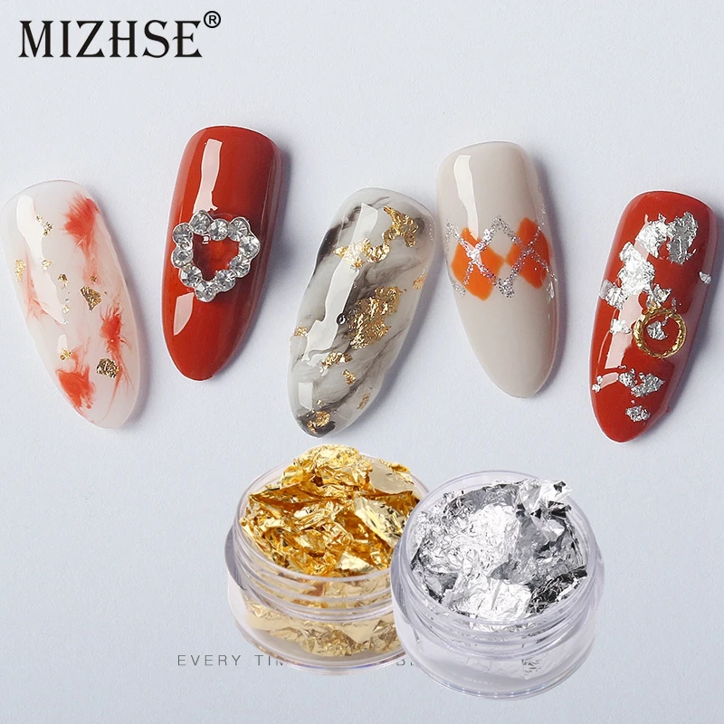 MIZHSE искусственная фольга металлическая для ногтей дизайн листья хлопья 3D