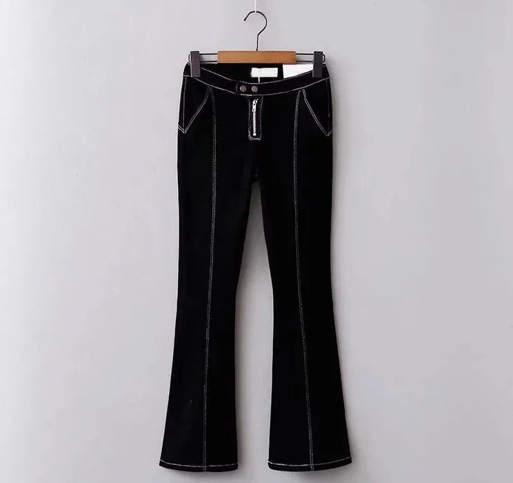 

HCBLESS Fashion Jeans 2019 spring new line two buckle high waist jeans black bell pants trousers fashion women jeans