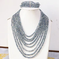 new fashion blue crystal glass 46mm abacus beads fashion diy jewelry set 8 rows chain necklace 5 rows bracelet 17 26inch b855