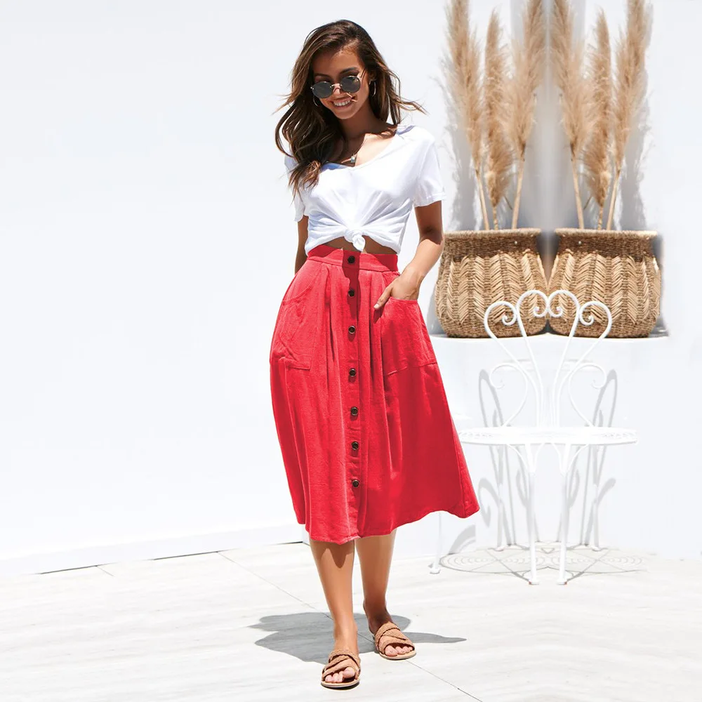 Новая весенняя женская Свободная длинная юбка с карманами на пуговицах